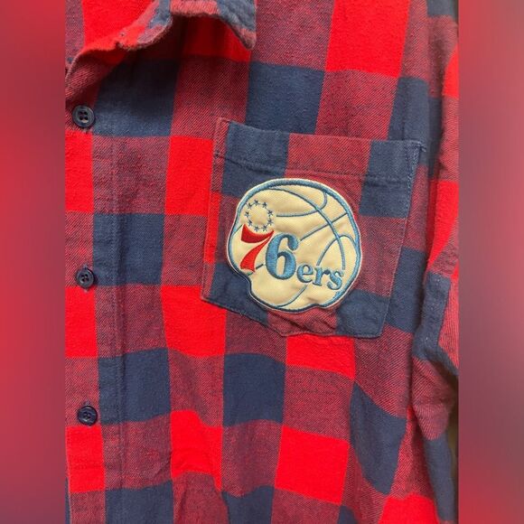 Bleached Red and Blue Plaid Philadelphia 76ers Logo and Patch Flannel - Picture 2 of 8